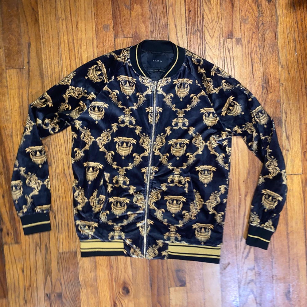 Zara Velvet Black Gold Printed Bomber